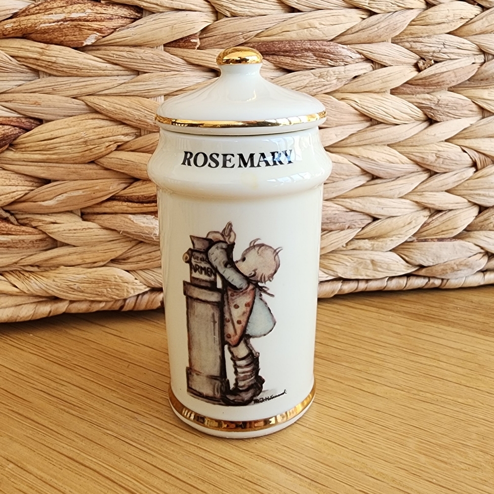 Vintage M. J. Hummel Rosemary Spice Jar with Gold Accents